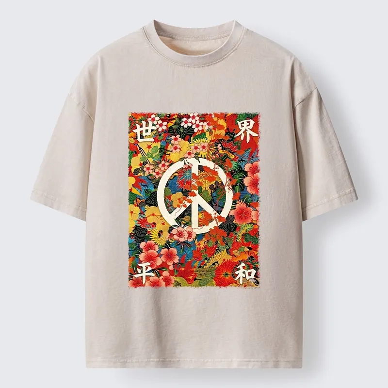 Tokyo-Tiger Bright Blooms Bring Global Calm Peace Washed T-Shirt Sale