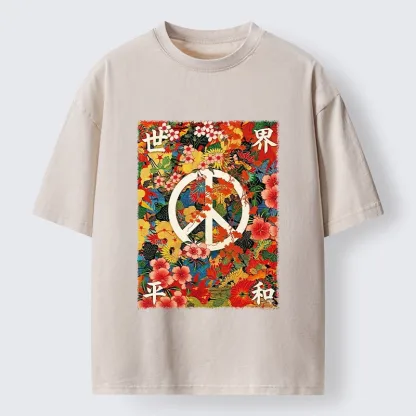 Tokyo-Tiger Bright Blooms Bring Global Calm Peace Washed T-Shirt