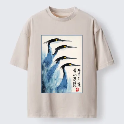 Tokyo-Tiger Brush Strokes Draw Graceful Water Birds Washed T-Shirt