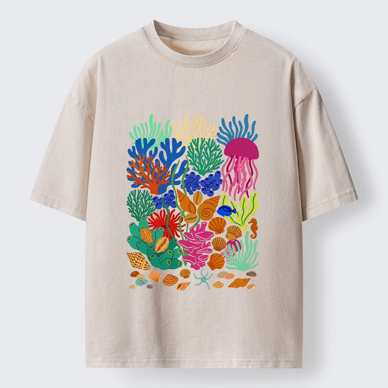 Tokyo-Tiger Bright Sea Garden Full Of Sea Friends Washed T-Shirt