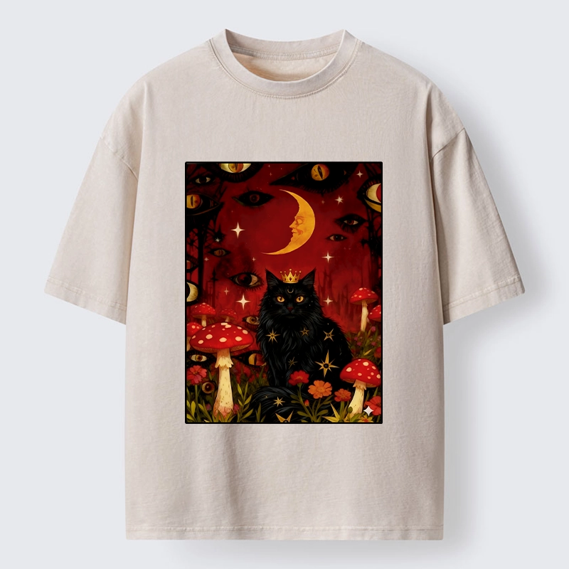 Tokyo-Tiger Mystic Cat Amid Red Spotted Mushrooms Washed T-Shirt