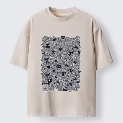 Tokyo-Tiger Tiny Black Cats Hide In Yarn Balls Washed T-Shirt