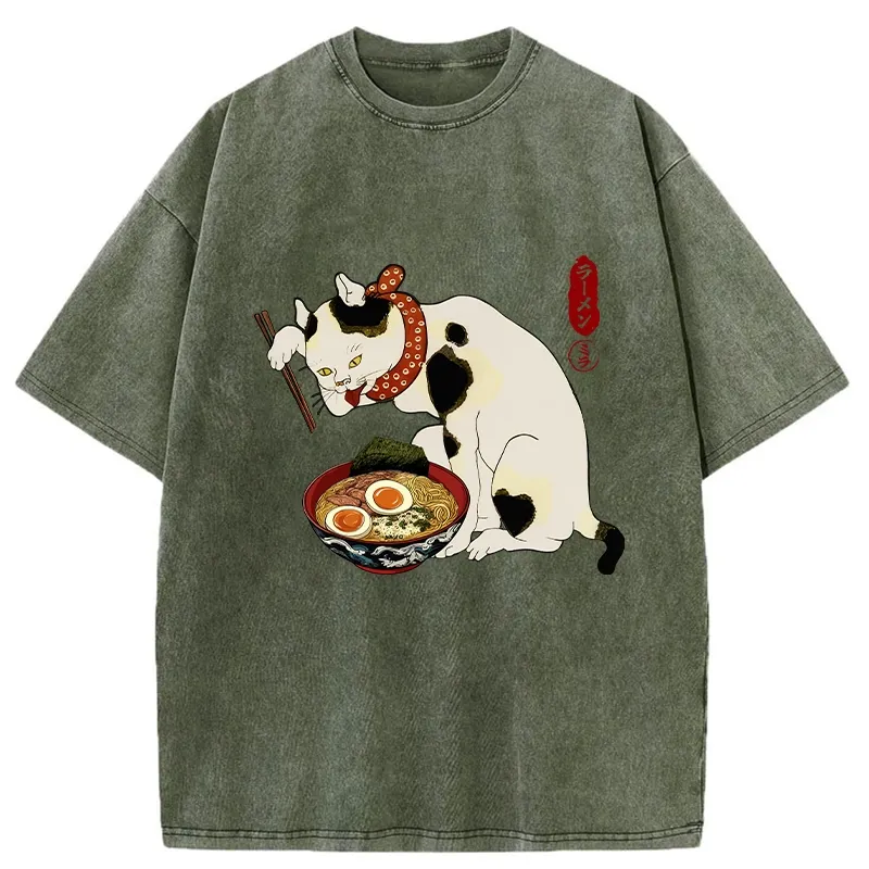 Tokyo-Tiger The Cat Obsessed With Ramen Washed T-Shirt