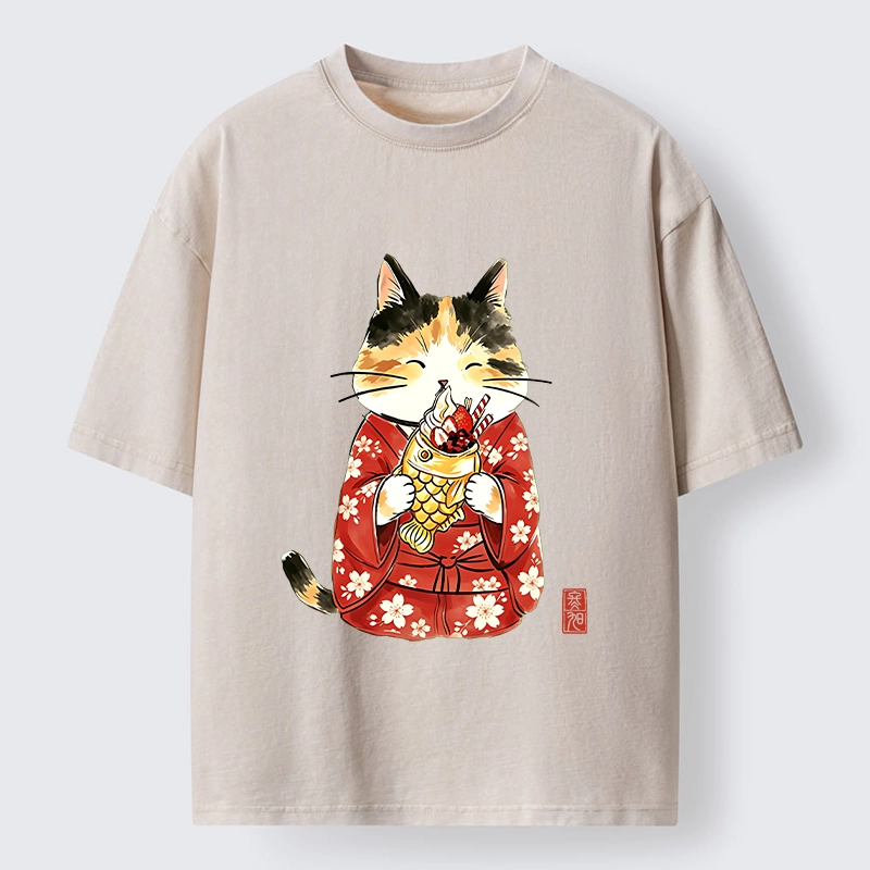 Tokyo-Tiger Enjoying Japanese Taiyaki Washed T-Shirt