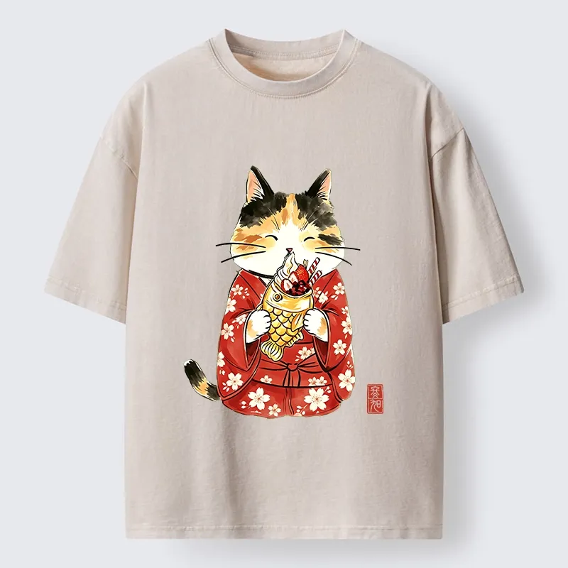 Tokyo-Tiger Enjoying Japanese Taiyaki Washed T-Shirt