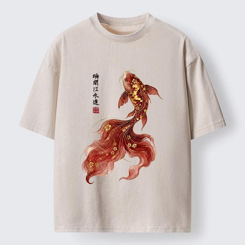 Tokyo-Tiger Golden Sakura Red Koi Ink Art Washed T-Shirt