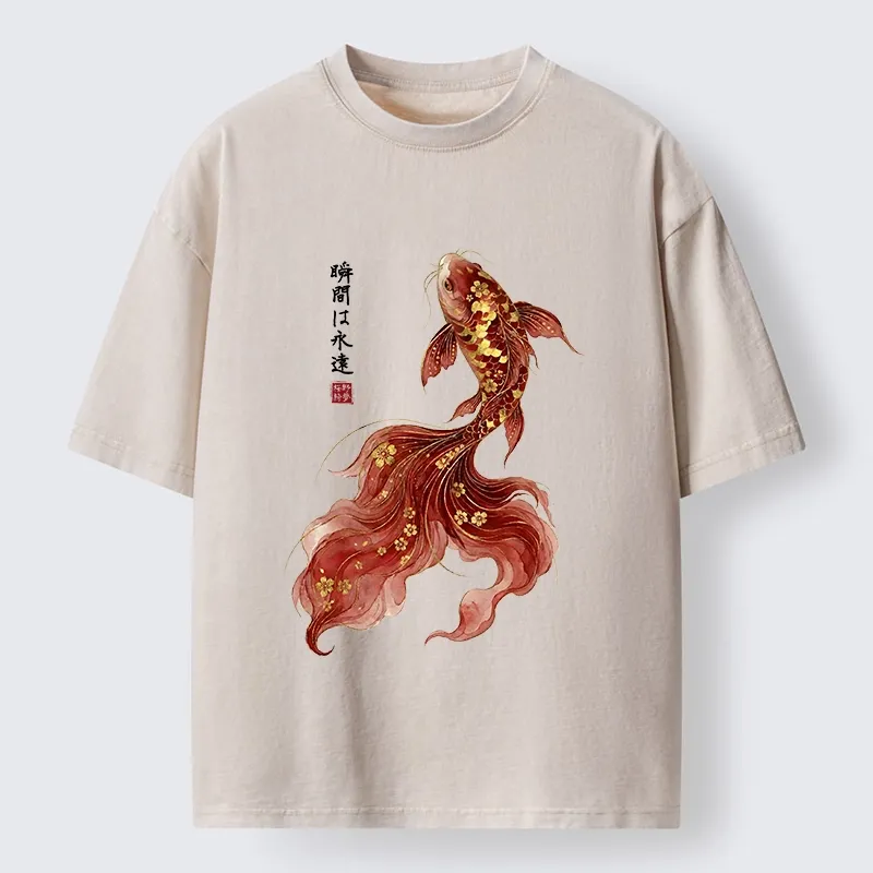 Tokyo-Tiger Golden Sakura Red Koi Ink Art Washed T-Shirt Sale