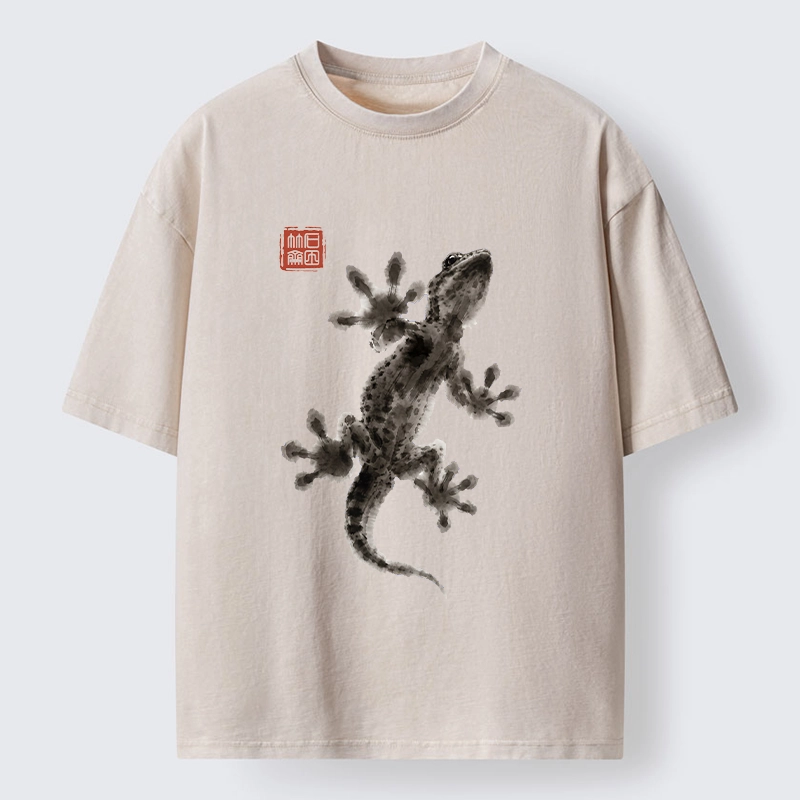 Tokyo-Tiger Minimal Asian Ink Brush Gecko Vibe Washed T-Shirt