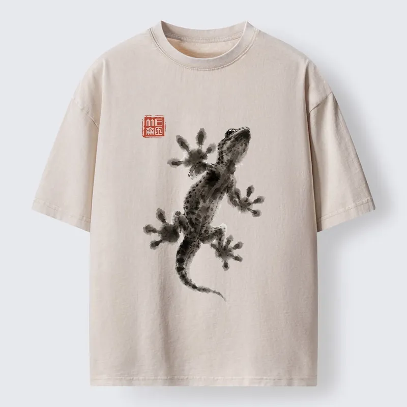 Tokyo-Tiger Minimal Asian Ink Brush Gecko Vibe Washed T-Shirt Sale