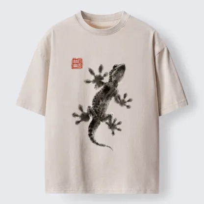 Tokyo-Tiger Minimal Asian Ink Brush Gecko Vibe Washed T-Shirt