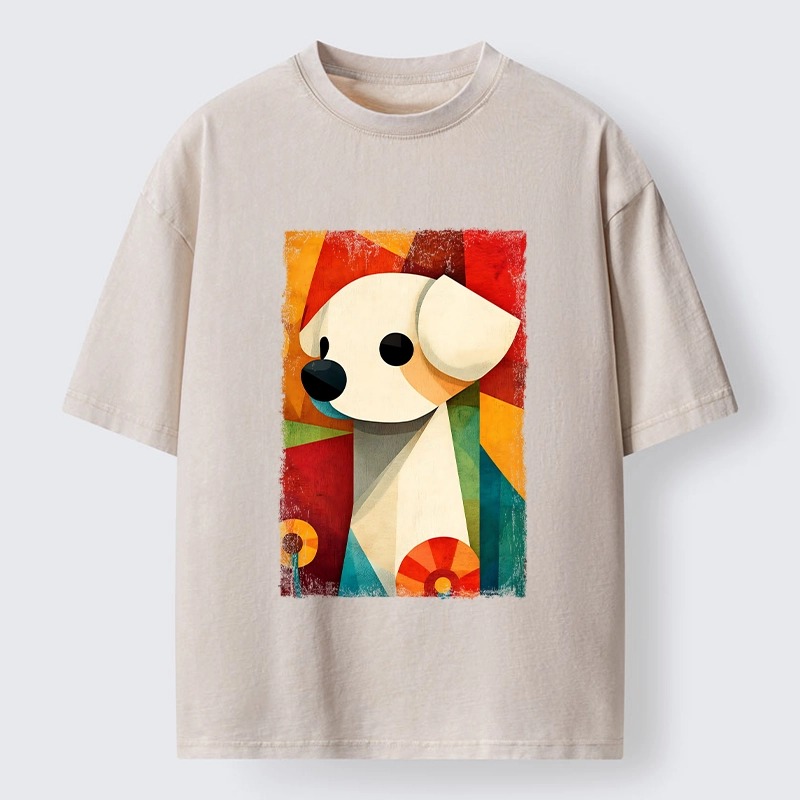 Tokyo-Tiger Retro Abstract Color Block Puppy Art Washed T-Shirt