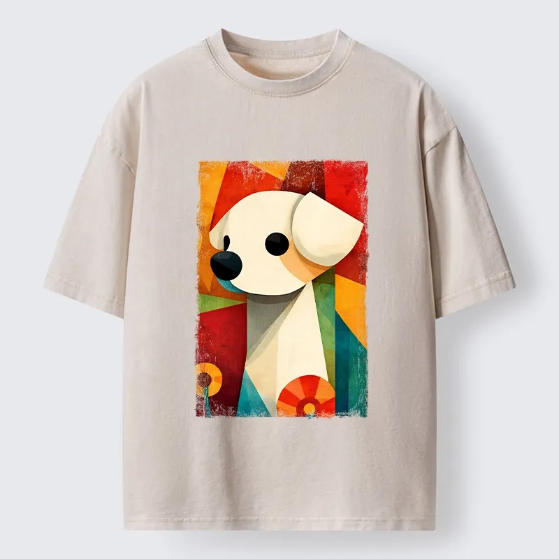 Tokyo-Tiger Retro Abstract Color Block Puppy Art Washed T-Shirt Sale