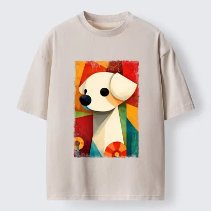 Tokyo-Tiger Retro Abstract Color Block Puppy Art Washed T-Shirt