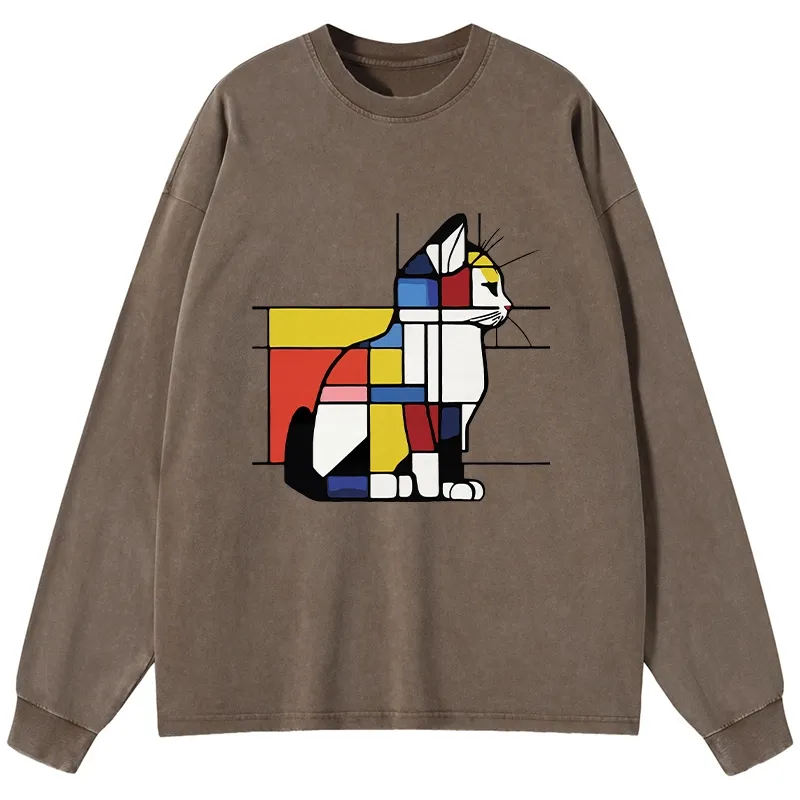 Tokyo-Tiger Geometric Cat Art In Primary Colors Washed Long Sleeve T-Shirt