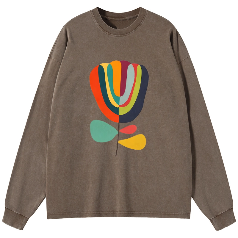 Tokyo-Tiger Colorful Flower Minimalist Print Washed Long Sleeve T-Shirt