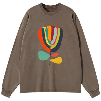 Tokyo-Tiger Colorful Flower Minimalist Print Washed Long Sleeve T-Shirt