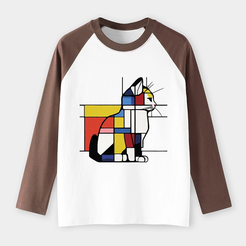 Tokyo-Tiger Geometric Cat Art In Primary Colors Raglan Long Sleeve T-shirt