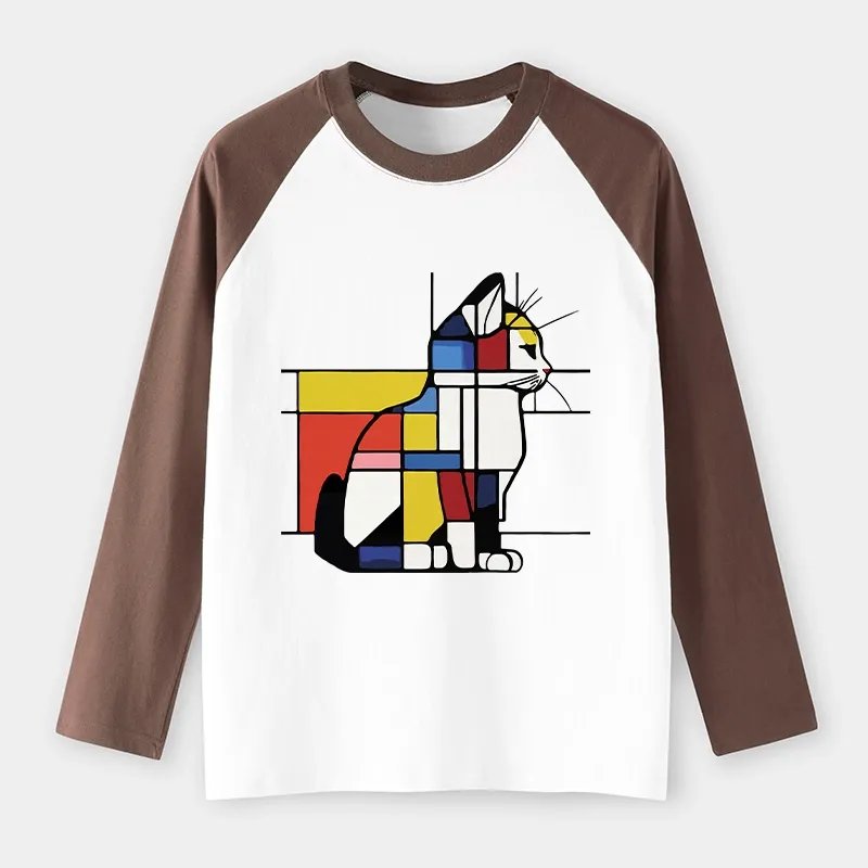 Tokyo-Tiger Geometric Cat Art In Primary Colors Raglan Long Sleeve T-shirt