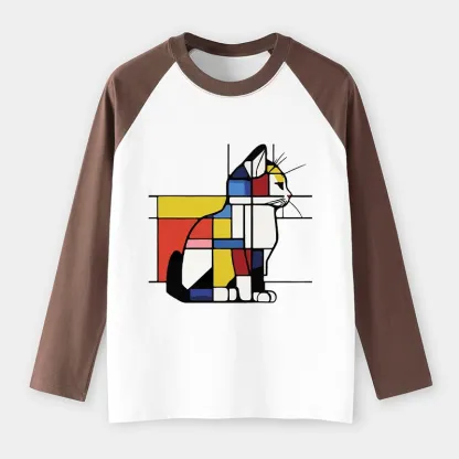 Tokyo-Tiger Geometric Cat Art In Primary Colors Raglan Long Sleeve T-shirt