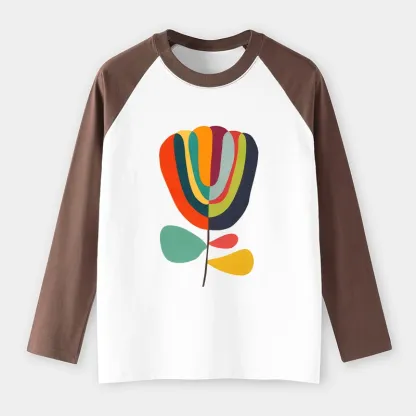Tokyo-Tiger Colorful Flower Minimalist Print Raglan Long Sleeve T-shirt