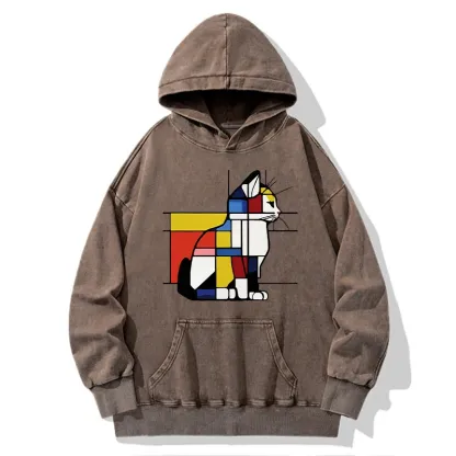 Tokyo-Tiger Geometric Cat Art In Primary Colors Washed Hoodie