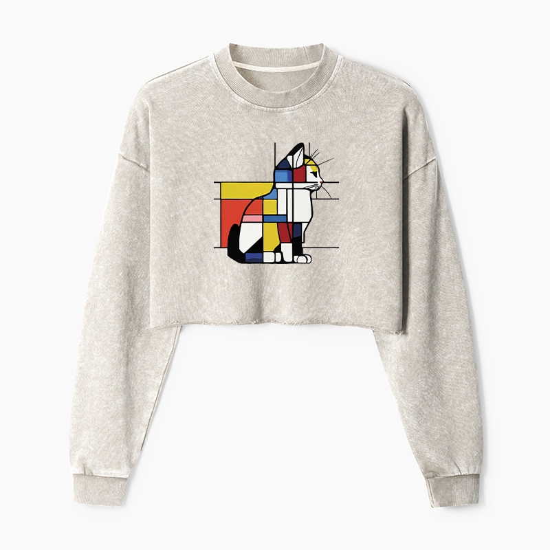Tokyo-Tiger Geometric Cat Art In Primary Colors Washed Crop Sweatshirt