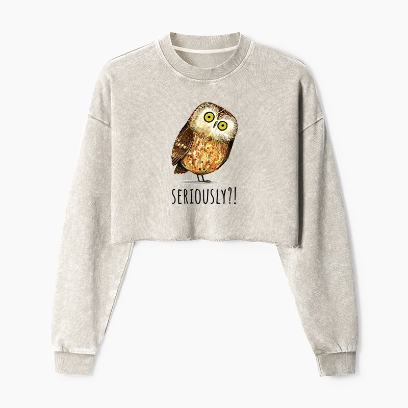 Tokyo-Tiger Seriously Confused Owl Meme Art Washed Crop Sweatshirt