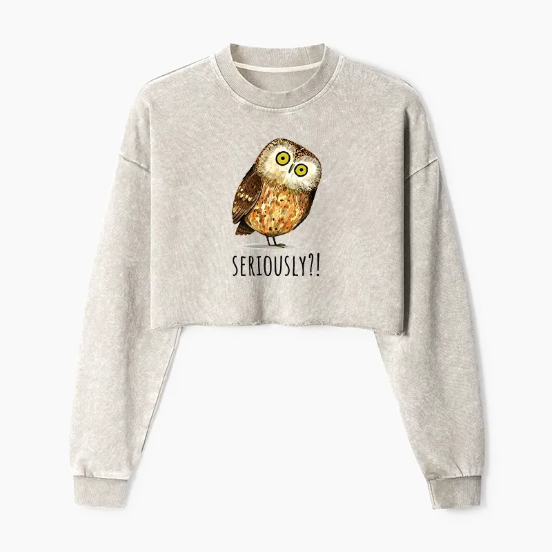 Tokyo-Tiger Seriously Confused Owl Meme Art Washed Crop Sweatshirt