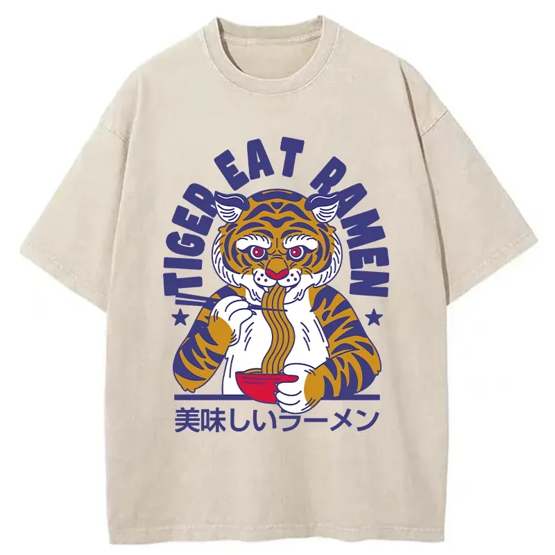 Tokyo-Tiger Funny Tiger Eating Ramen Washed T-Shirt