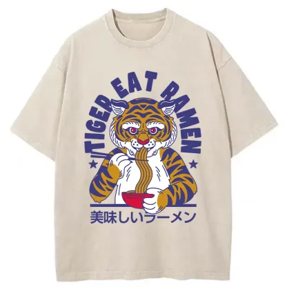Tokyo-Tiger Funny Tiger Eating Ramen Washed T-Shirt