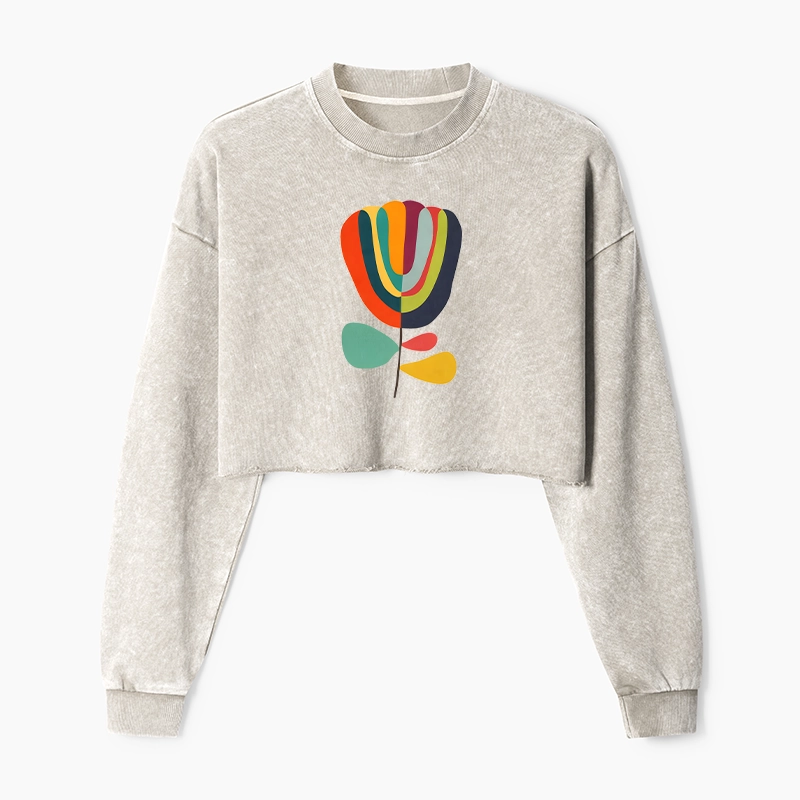 Tokyo-Tiger Colorful Flower Minimalist Print Washed Crop Sweatshirt