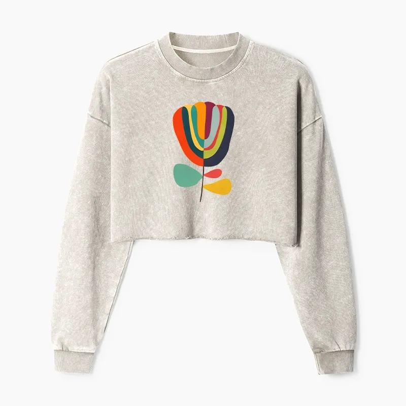 Tokyo-Tiger Colorful Flower Minimalist Print Washed Crop Sweatshirt