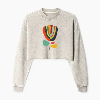 Tokyo-Tiger Colorful Flower Minimalist Print Washed Crop Sweatshirt