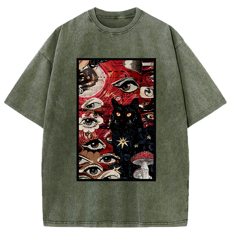Tokyo-Tiger Psychedelic Black Cat Washed T-Shirt