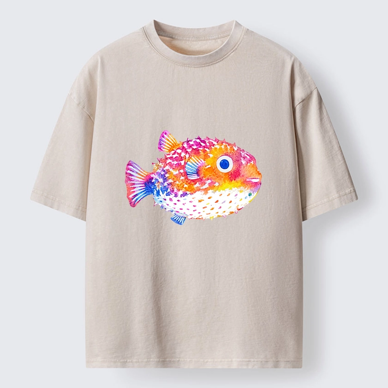 Tokyo-Tiger Rainbow Watercolor Puffer Fish Art Washed T-Shirt