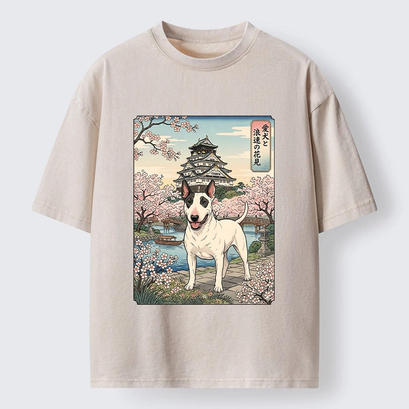 Tokyo-Tiger Ukiyo-e Bull Terrier Cherry Blossom Art Washed T-Shirt
