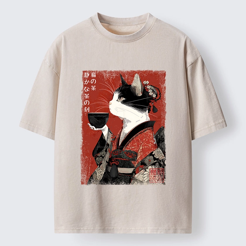 Tokyo-Tiger Kimono Tea Cat Red Vintage Ink Art Washed T-Shirt