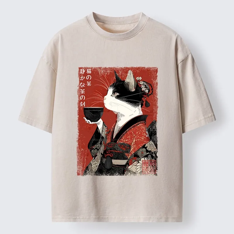 Tokyo-Tiger Kimono Tea Cat Red Vintage Ink Art Washed T-Shirt Sale