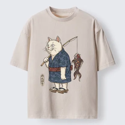 Tokyo-Tiger Kimono Cat Fishing Koi Fish Art Washed T-Shirt