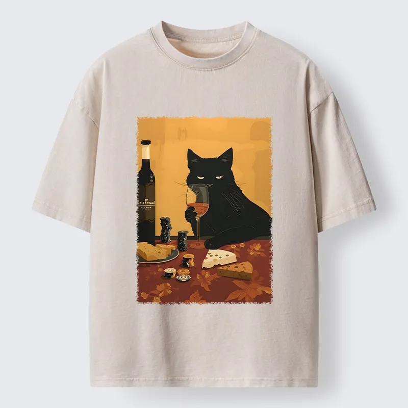 Tokyo-Tiger Chill Black Cat Wine Cheese Art Washed T-Shirt