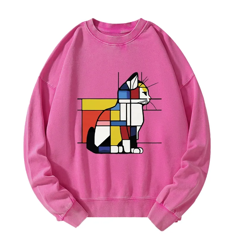 Tokyo-Tiger Geometric Cat Art In Primary Colors Washed Sweatshirt