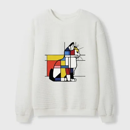 Tokyo-Tiger Geometric Cat Art In Primary Colors Waffle Sweatshirt