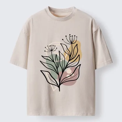 Tokyo-Tiger Soft Boho Floral Line Art Washed T-Shirt