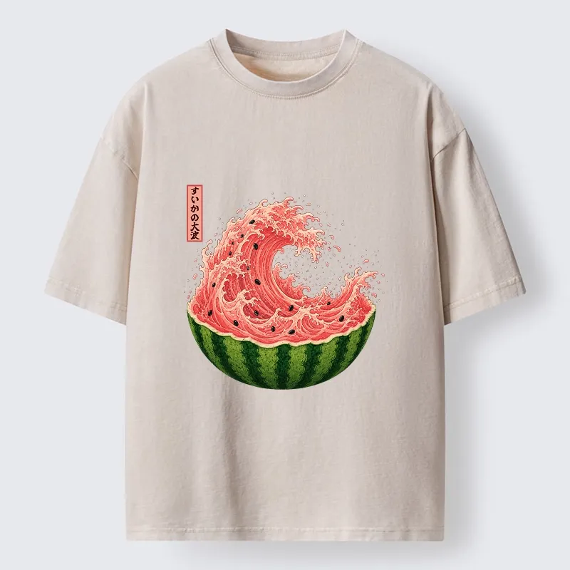Tokyo-Tiger Watermelon Wave Summer Ukiyo Art Washed T-Shirt