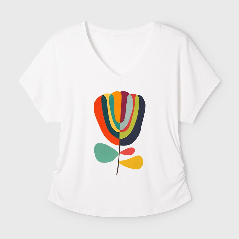 Tokyo-Tiger Colorful Flower Minimalist Print Modal Dolman Sleeve T-Shirt