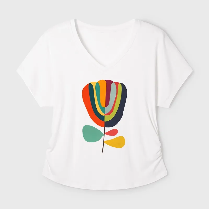 Tokyo-Tiger Colorful Flower Minimalist Print Modal Dolman Sleeve T-Shirt