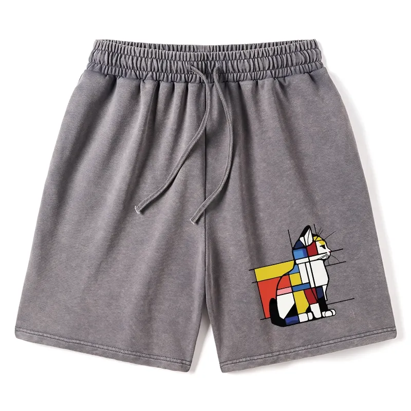 Tokyo-Tiger Geometric Cat Art In Primary Colors Washed Shorts