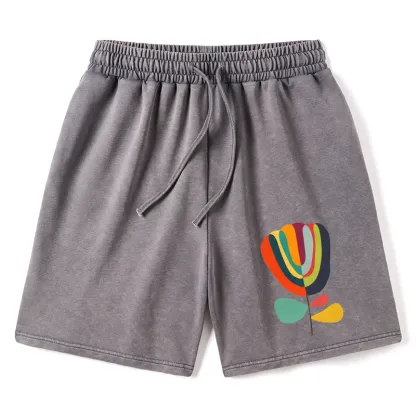 Tokyo-Tiger Colorful Flower Minimalist Print Washed Shorts