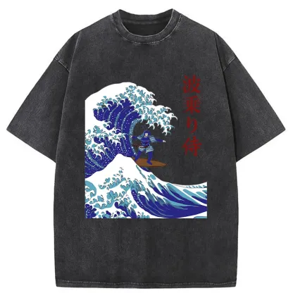 Tokyo-Tiger Funny Samurai Surf Washed T-Shirt