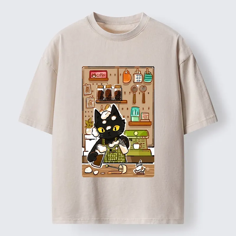 Tokyo-Tiger Black Cat Barista Makes Coffee Foam Washed T-Shirt